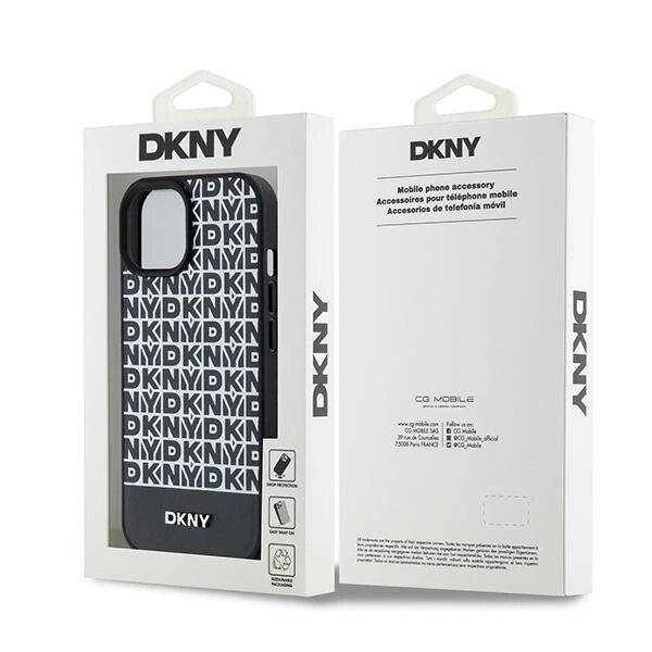 DKNY MagSafe Lederhülle bedrucktem Muster Metalllogo iPhone 15/14/13 – Schwarz