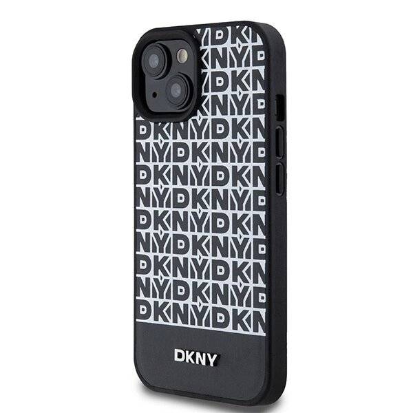 DKNY MagSafe Lederhülle bedrucktem Muster Metalllogo iPhone 15/14/13 – Schwarz