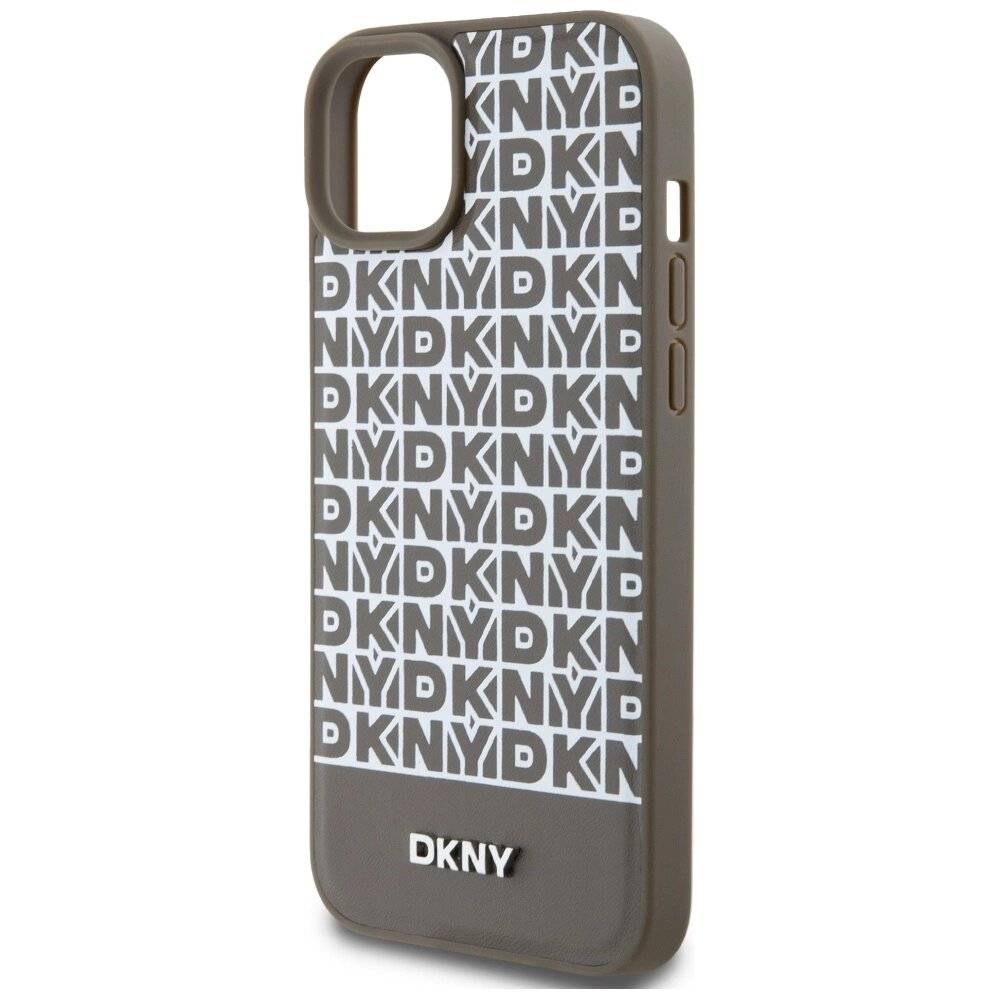 DKNY MagSafe Lederhülle bedrucktem Muster Metalllogo iPhone 15/14/13 – Braun