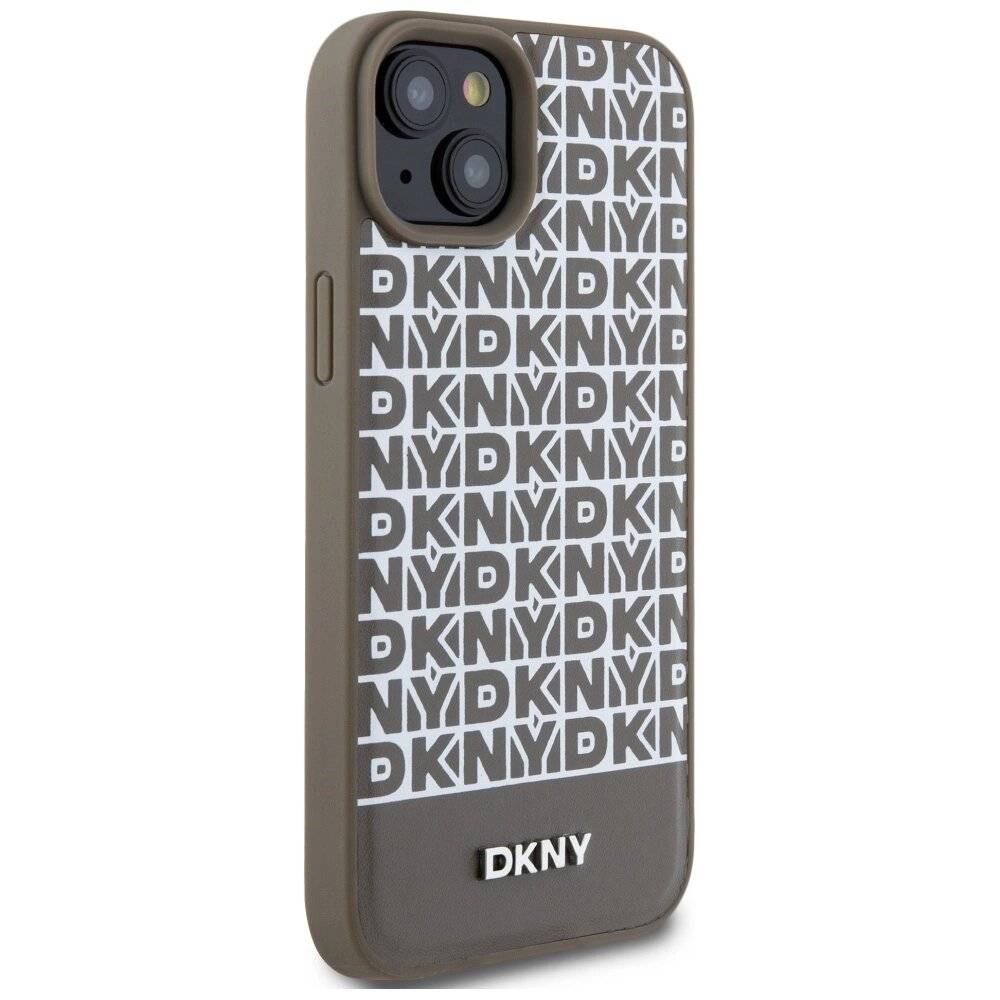 DKNY MagSafe Lederhülle bedrucktem Muster Metalllogo iPhone 15/14/13 – Braun