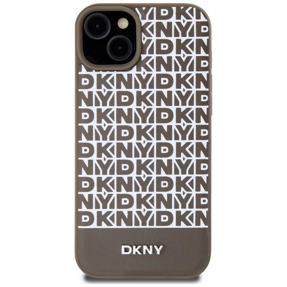 DKNY MagSafe Lederhülle bedrucktem Muster Metalllogo iPhone 15/14/13 – Braun