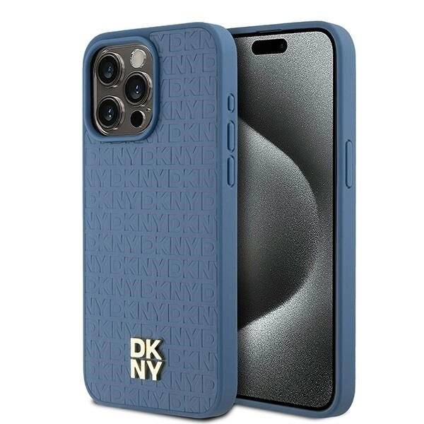 DKNY MagSafe-Hülle Leder Monogrammmuster Metalllogo iPhone 15 Pro Max – Blau