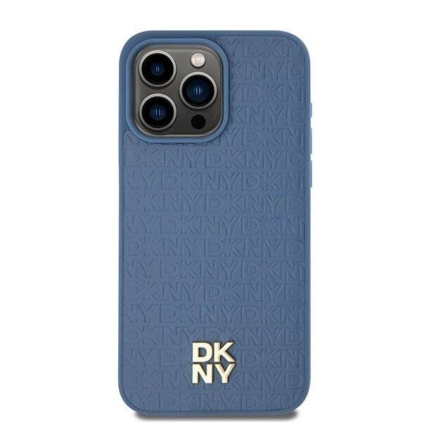 DKNY MagSafe-Hülle Leder Monogrammmuster Metalllogo iPhone 15 Pro Max – Blau