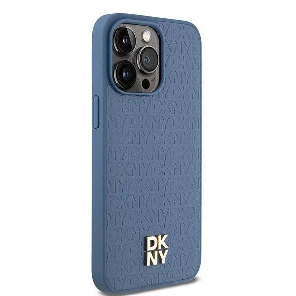 DKNY MagSafe-Hülle Leder Monogrammmuster Metalllogo iPhone 15 Pro Max – Blau