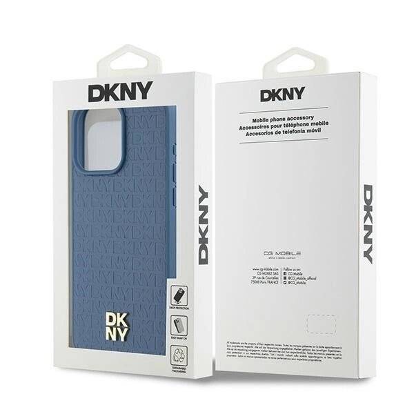 DKNY MagSafe-Hülle Leder Monogrammmuster Metalllogo iPhone 15 Pro Max – Blau