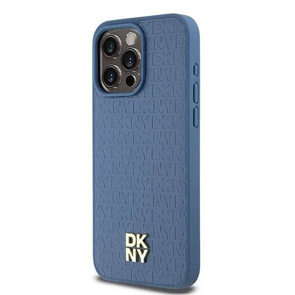 DKNY MagSafe-Hülle Leder Monogrammmuster Metalllogo iPhone 15 Pro Max – Blau