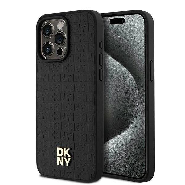 DKNY MagSafe-Hülle Leder Monogrammmuster Metalllogo iPhone 15 Pro Max – Schwarz