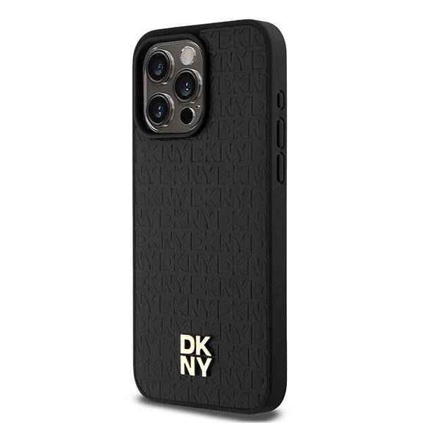 DKNY MagSafe-Hülle Leder Monogrammmuster Metalllogo iPhone 15 Pro Max – Schwarz