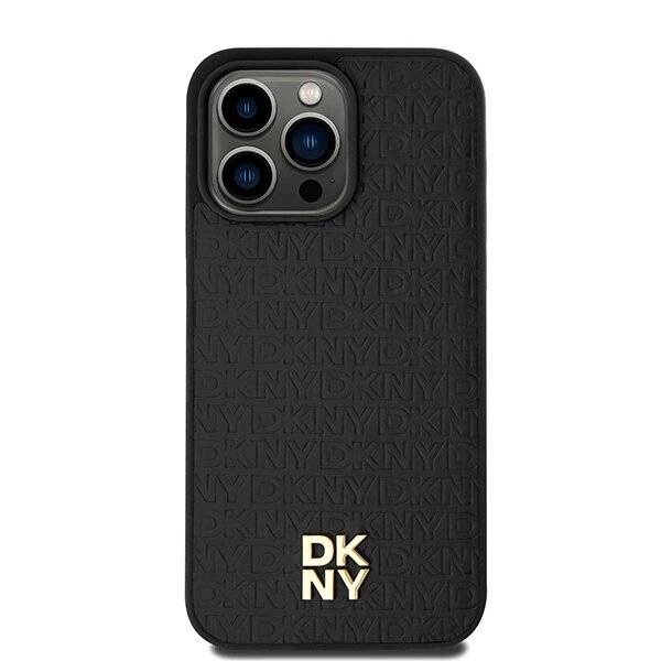DKNY MagSafe-Hülle Leder Monogrammmuster Metalllogo iPhone 15 Pro Max – Schwarz