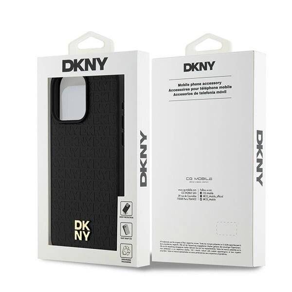 DKNY MagSafe-Hülle Leder Monogrammmuster Metalllogo iPhone 15 Pro Max – Schwarz