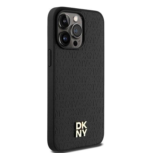DKNY MagSafe-Hülle Leder Monogrammmuster Metalllogo iPhone 15 Pro Max – Schwarz
