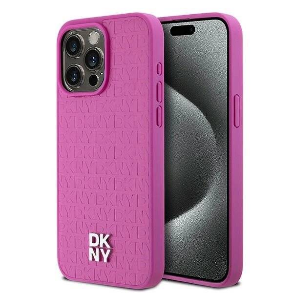 DKNY MagSafe-Hülle Leder Monogrammmuster Metalllogo iPhone 15 Pro Max – Rosa