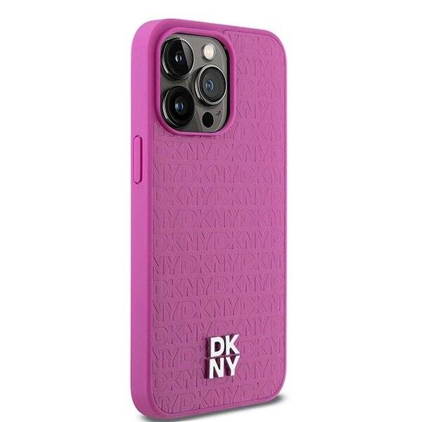 DKNY MagSafe-Hülle Leder Monogrammmuster Metalllogo iPhone 15 Pro Max – Rosa