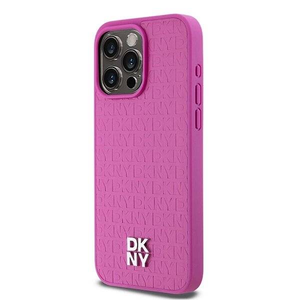 DKNY MagSafe-Hülle Leder Monogrammmuster Metalllogo iPhone 15 Pro Max – Rosa