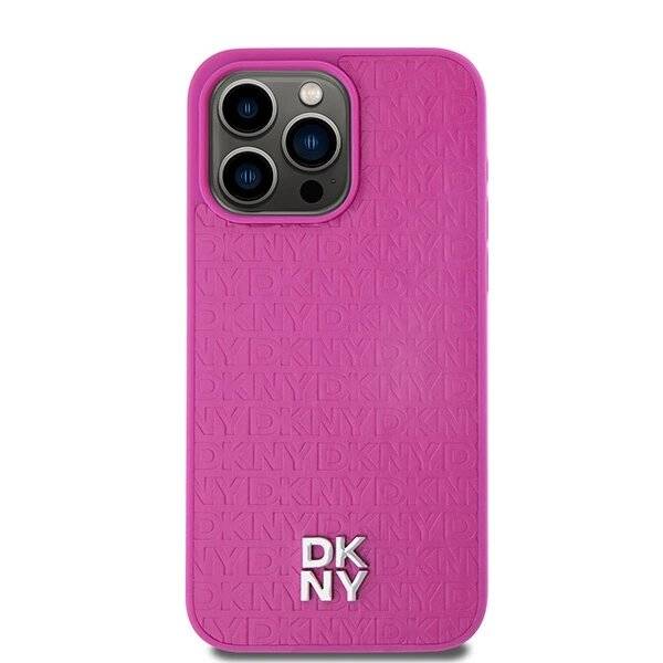 DKNY MagSafe-Hülle Leder Monogrammmuster Metalllogo iPhone 15 Pro Max – Rosa