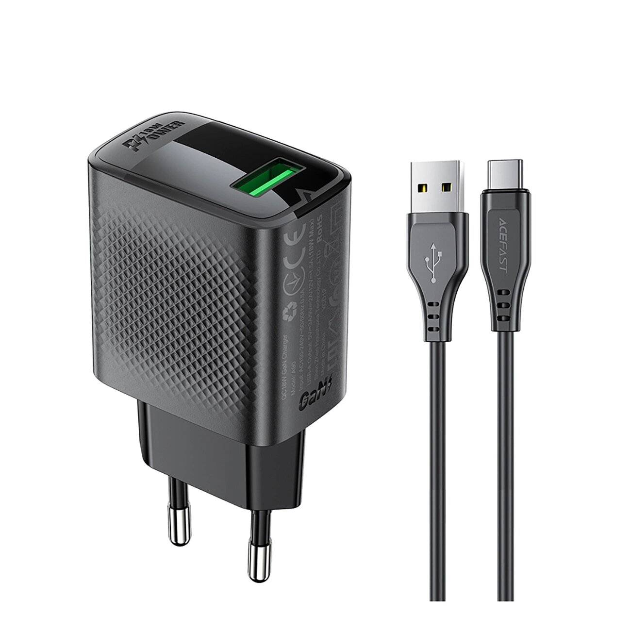 Acefast A90 GaN USB-A QC 18W Netzwerkladegerät - Schwarz + / USB-C-Kabel