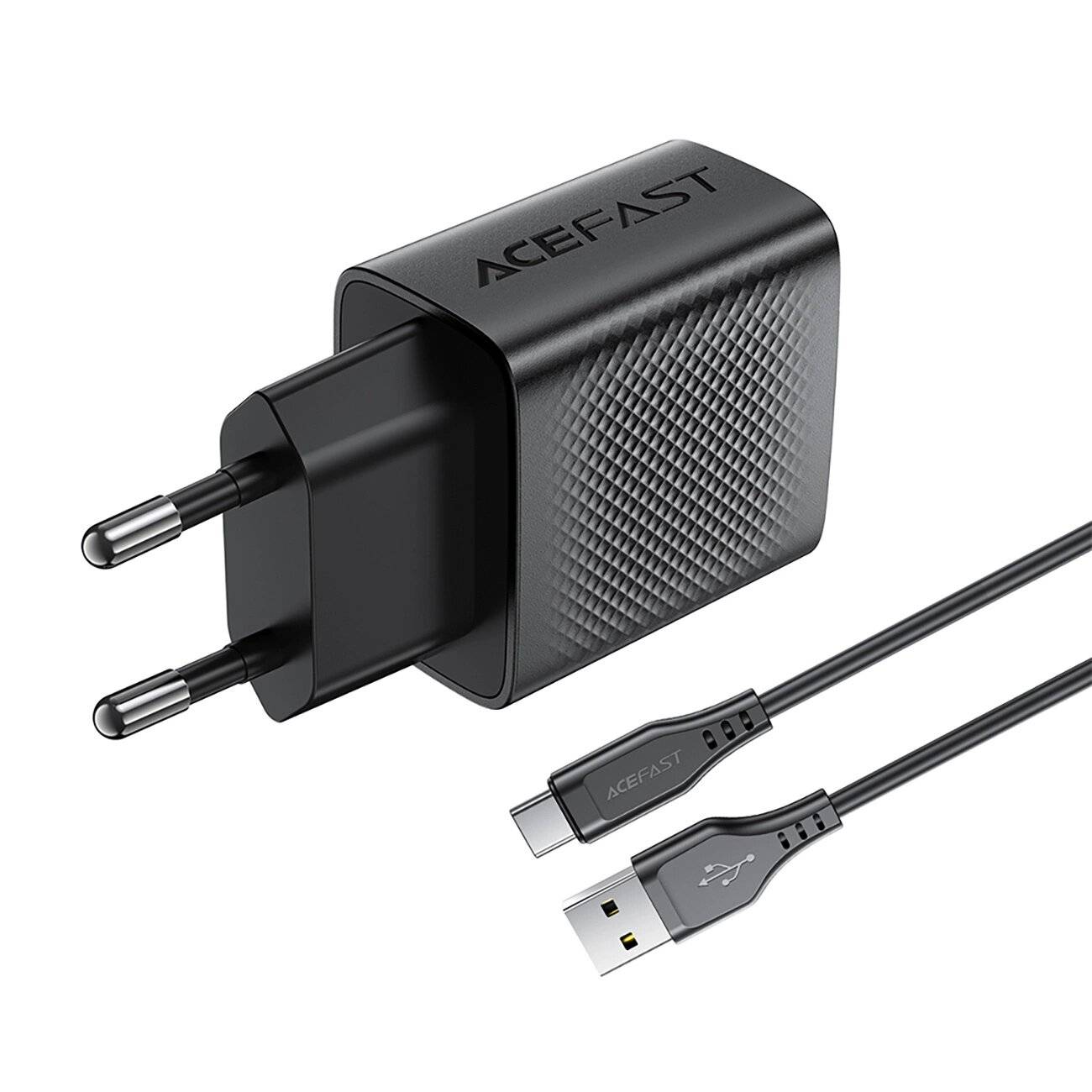Acefast A90 GaN USB-A QC 18W Netzwerkladegerät - Schwarz + / USB-C-Kabel