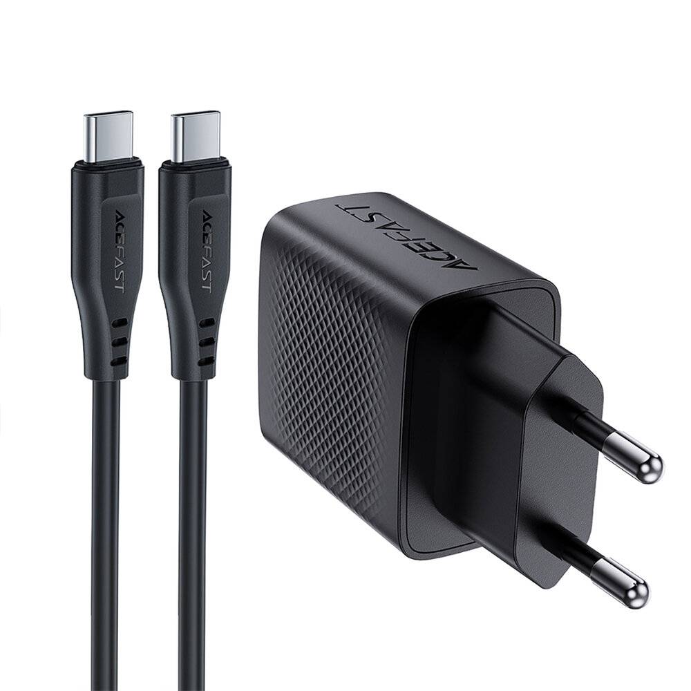 Ein schwarzes Dual-Port-Wandladegerät mit zwei USB-C-Kabeln, geeignet zum Laden von elektronischen Geräten.