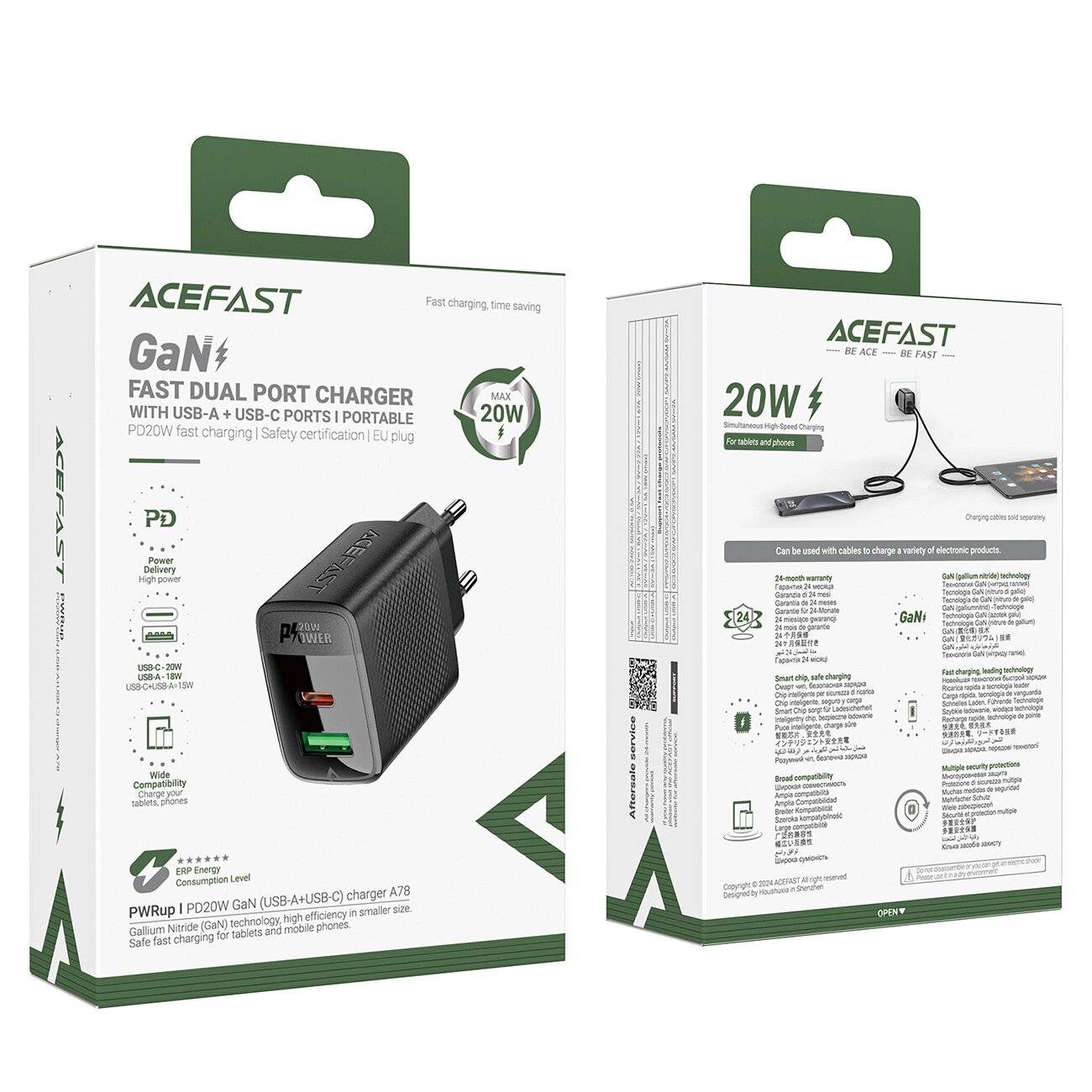 Acefast A78 GaN USB-A / USB-C PD 20W Netzwerkladegerät - Schwarz