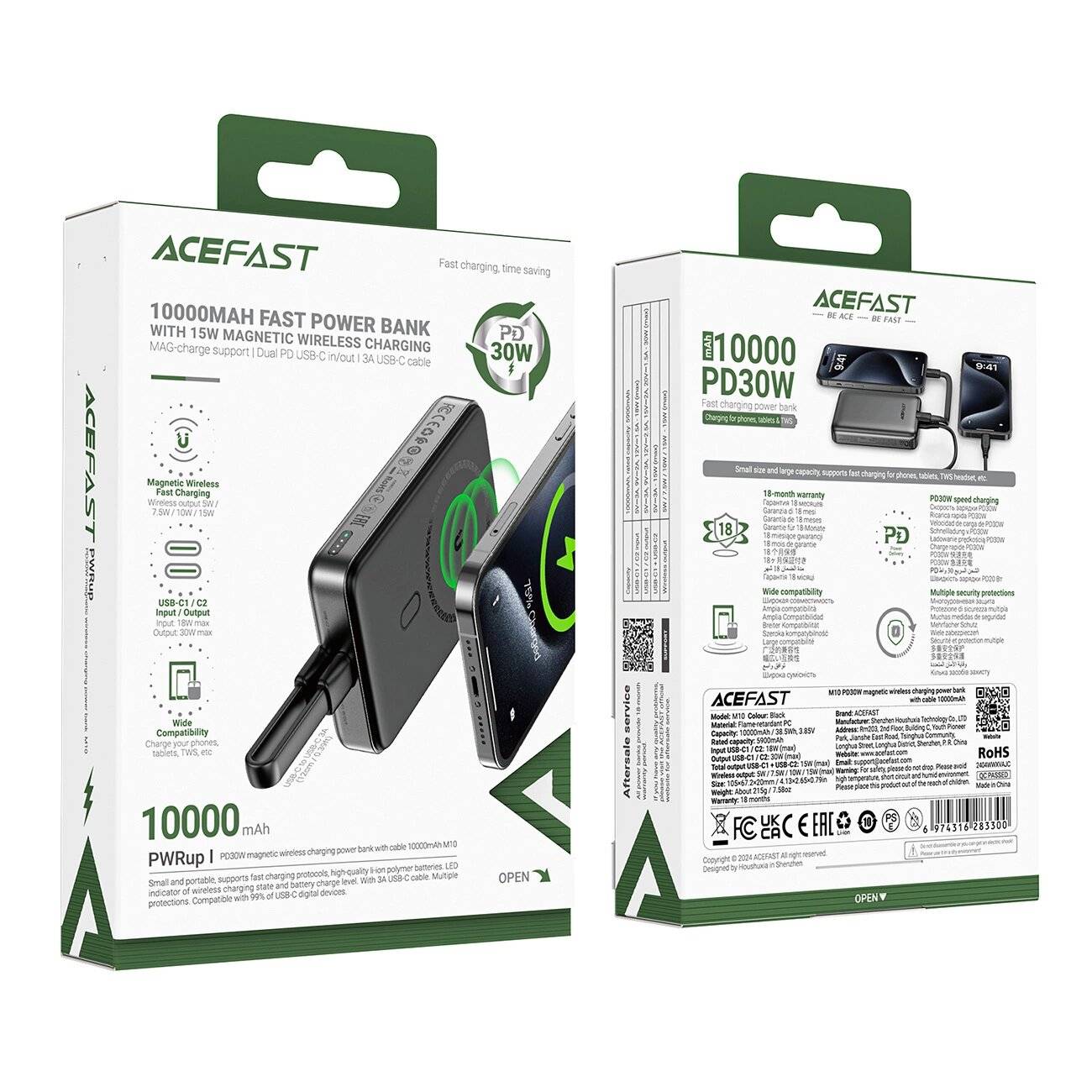 Acefast M10 magnetische Powerbank 2x USB-C PD 30W 15W induktivem Laden USB-C-Kabel - Schwarz