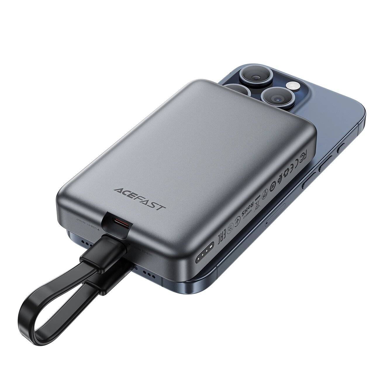 Acefast M10 magnetische Powerbank 2x USB-C PD 30W 15W induktivem Laden USB-C-Kabel - Schwarz