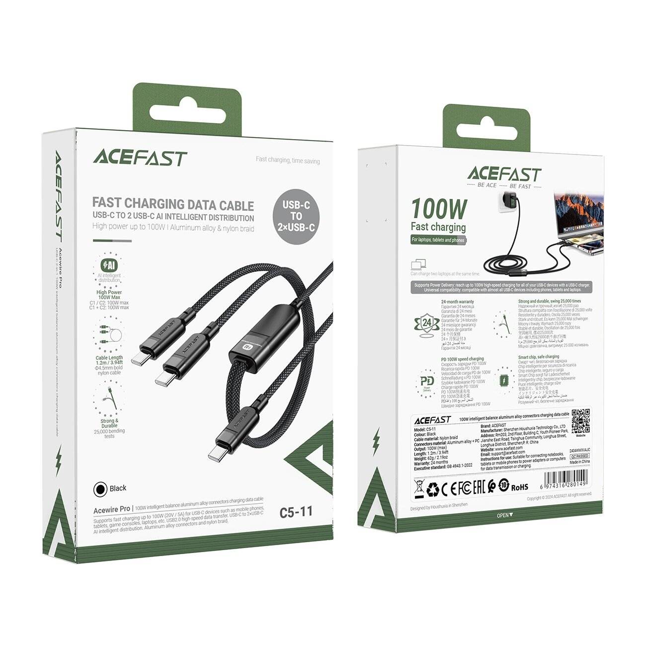Acefast C5 USB-C – / 2in1 100 W 480 Mbit/s Kabel Schwarz