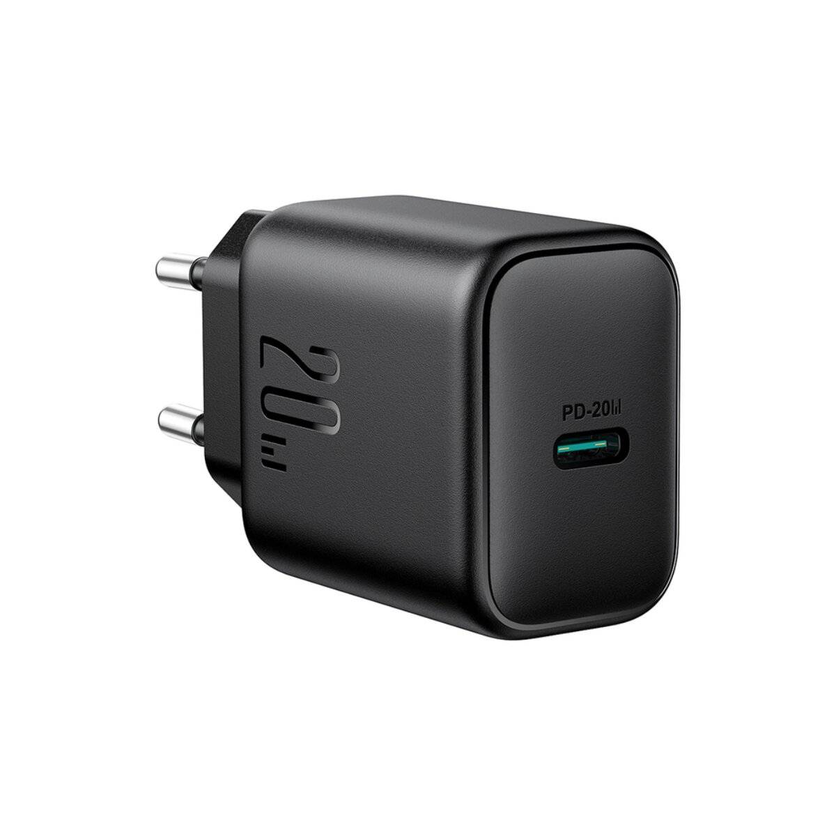 Ein schwarzes 20W USB-C Wandladegerät mit europäischem Steckerdesign.