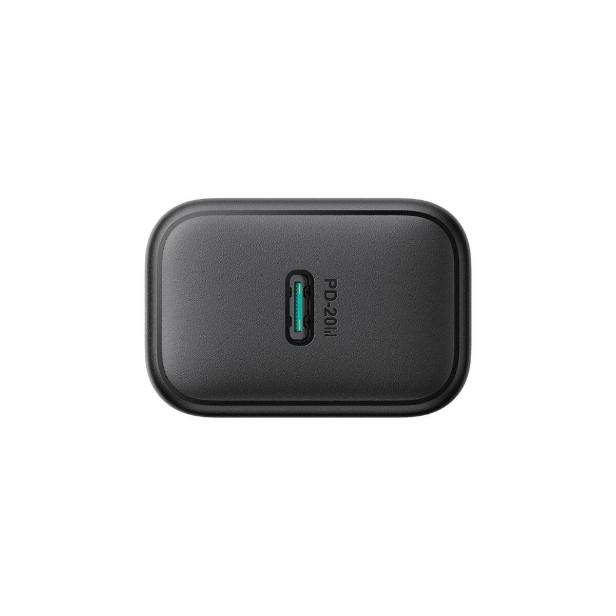 Ein schwarzer USB-C-Stromadapter mit der Beschriftung „PD 20W