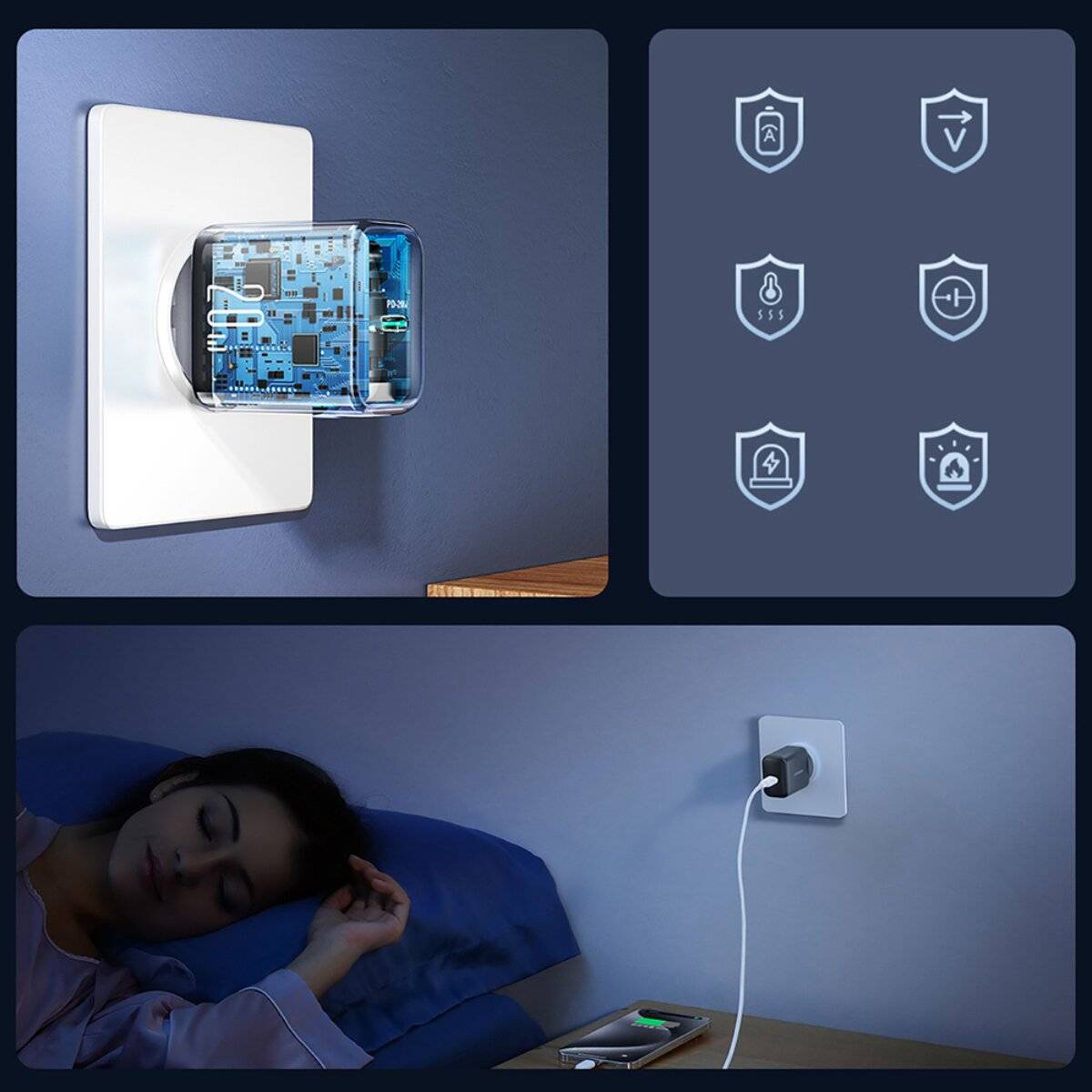 Ein eingestecktes Gerät in einem Schlafzimmer gibt ein blaues Licht ab, mit Symbolen, die auf Funktionen wie Schutz und Temperaturregelung hindeuten. Eine Person schläft in der Nähe.