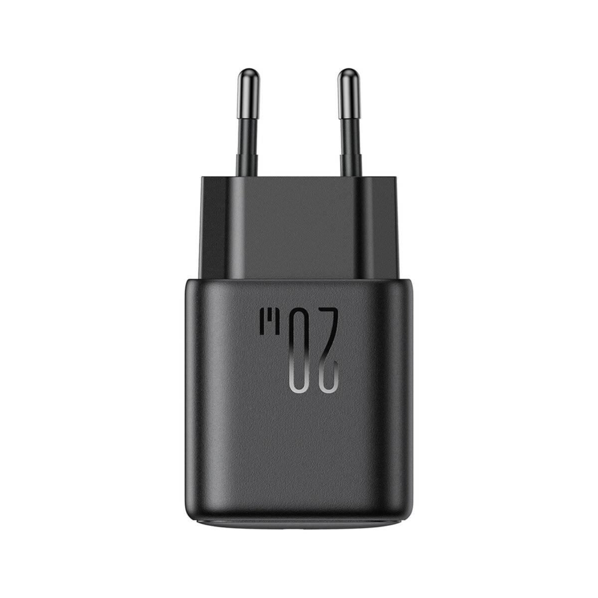 Ein schwarzes 20W USB-Wandladegerät mit zwei Metallstiften, das für das schnelle Laden elektronischer Geräte ausgelegt ist.