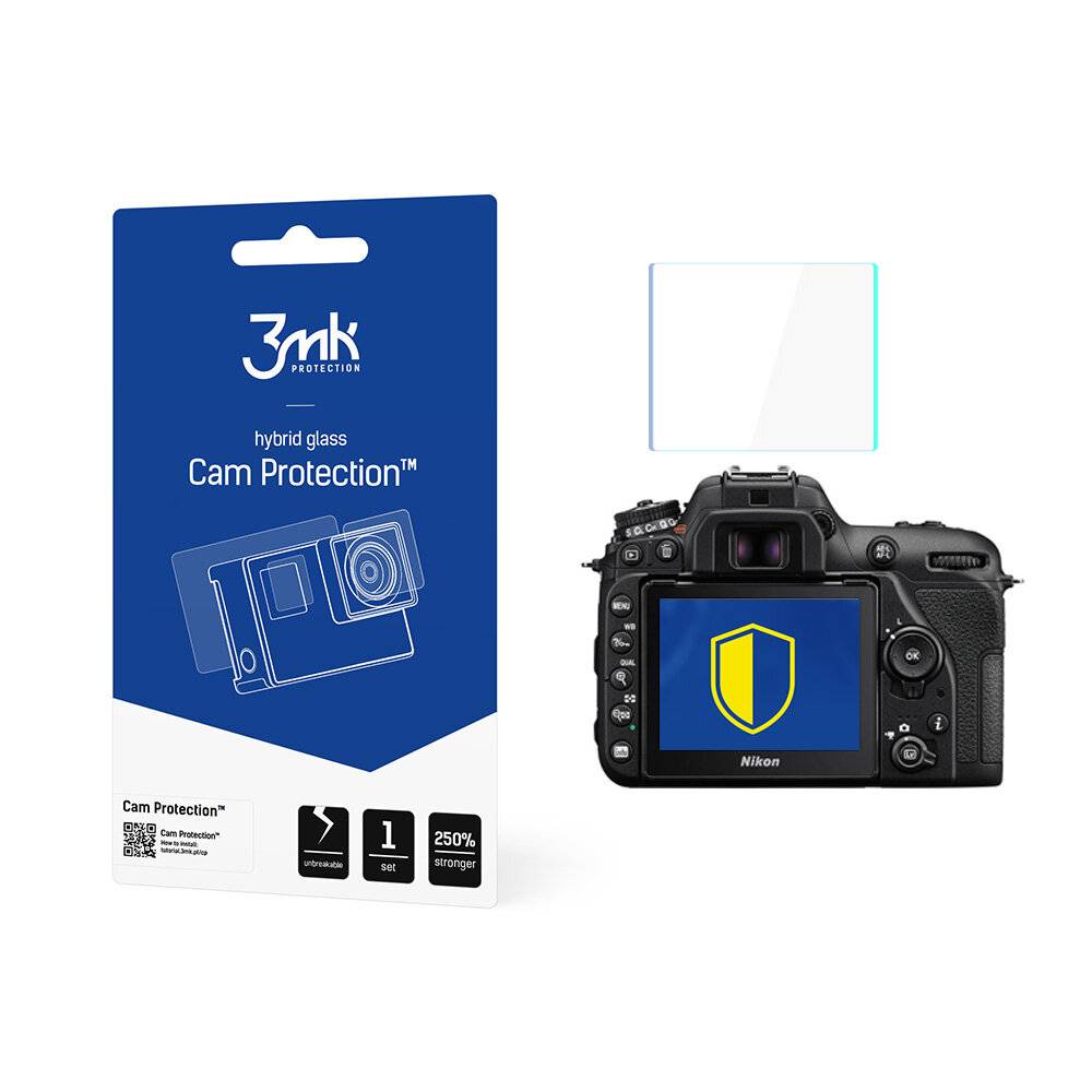 Ein Paket mit einem Kamerabildschirmschutz und eine Digitalkamera, die ein Schildsymbol auf ihrem Bildschirm anzeigt, das den Bildschirmschutz symbolisiert.