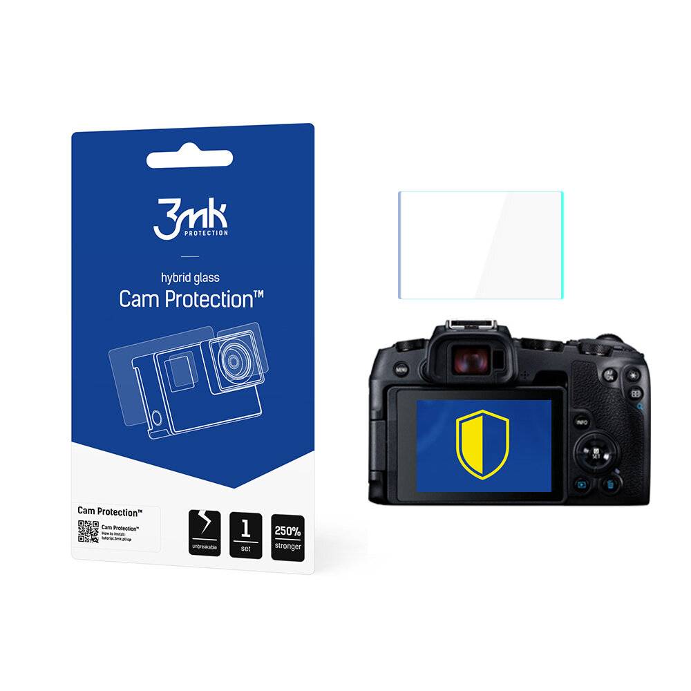 3mk Protection Cam Protection' Verpackung, ein Schutzglas abgebildet neben einer digitalen Kamera mit einem Schildsymbol auf dem Bildschirm.