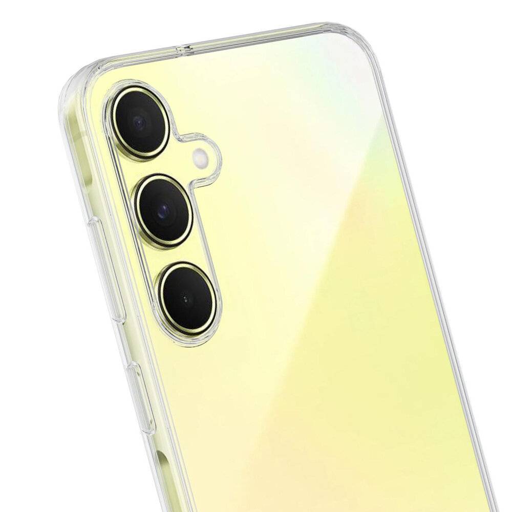 Ein Smartphone mit einer reflektierenden, durchscheinenden gelben Hülle mit drei vertikal angeordneten hinteren Kameraobjektiven.