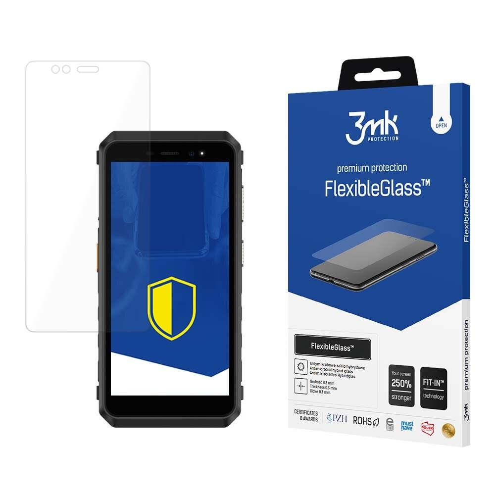 Ein Smartphone mit einer Schutzglasfolie neben seiner Verpackung mit der Aufschrift „Premium-Schutz FlexibleGlass 3mk; 250% kratzfester