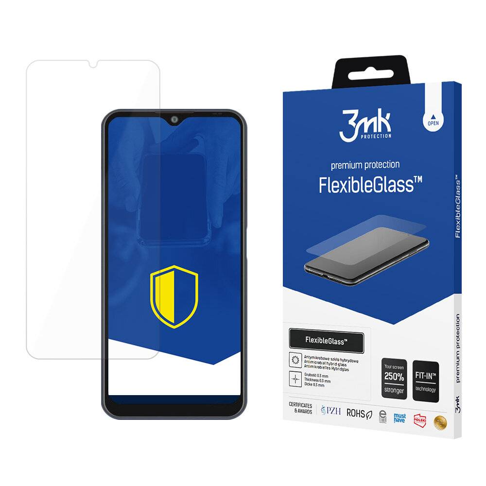 Ein Smartphone-Displayschutz neben seiner Verpackung. Die Schachtel zeigt '3mk Protection', 'FlexibleGlass' und präsentiert Schutzqualitäten.