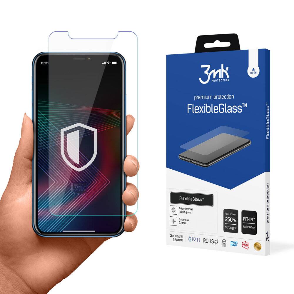 Eine Hand hält ein Smartphone mit einer Displayschutzfolie, die ein Schild-Symbol anzeigt. Die daneben liegende Box zeigt den Produktnamen: „3mk FlexibleGlass