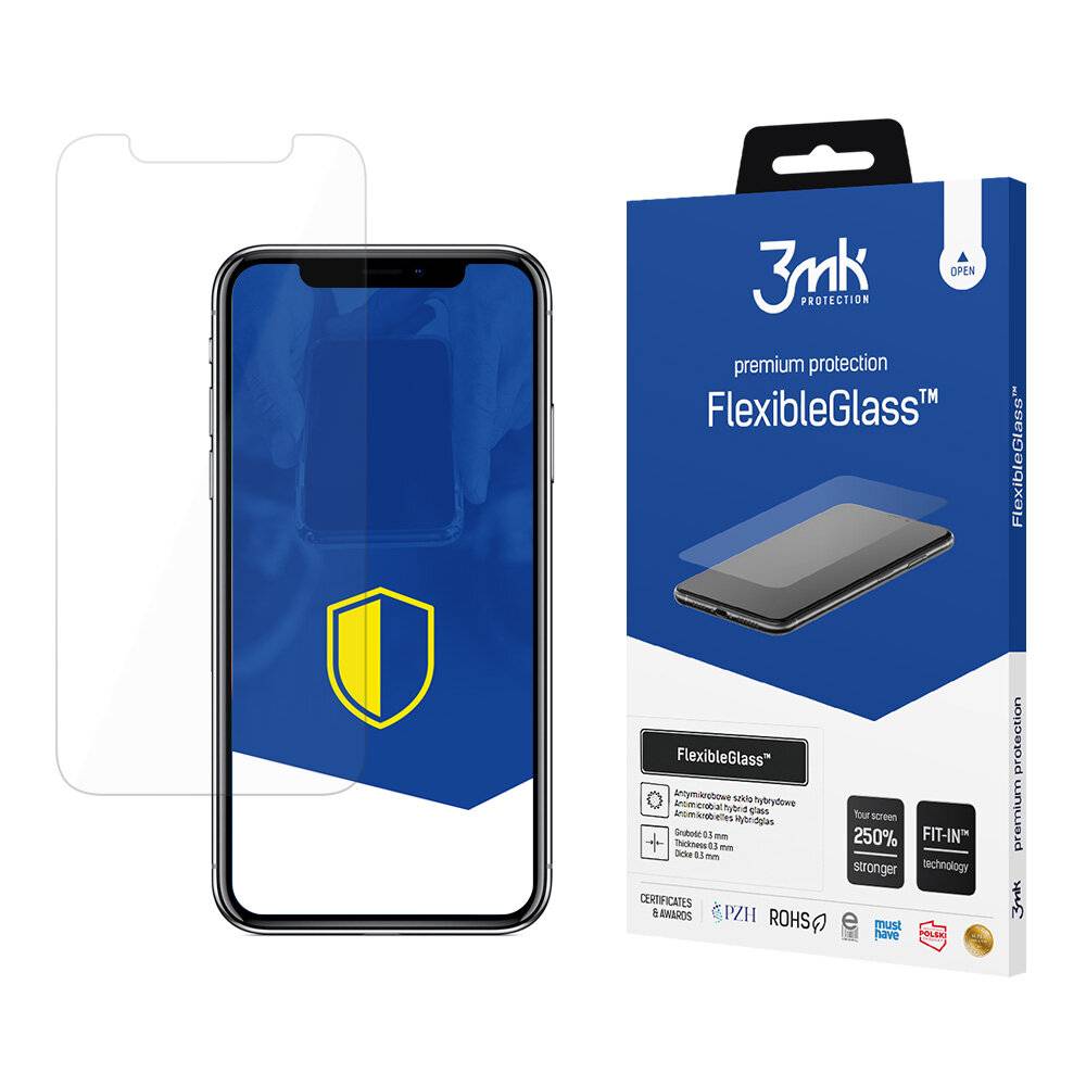 Ein Smartphone mit angebrachtem Displayschutz neben einer Verpackung mit der Bezeichnung „FlexibleGlass