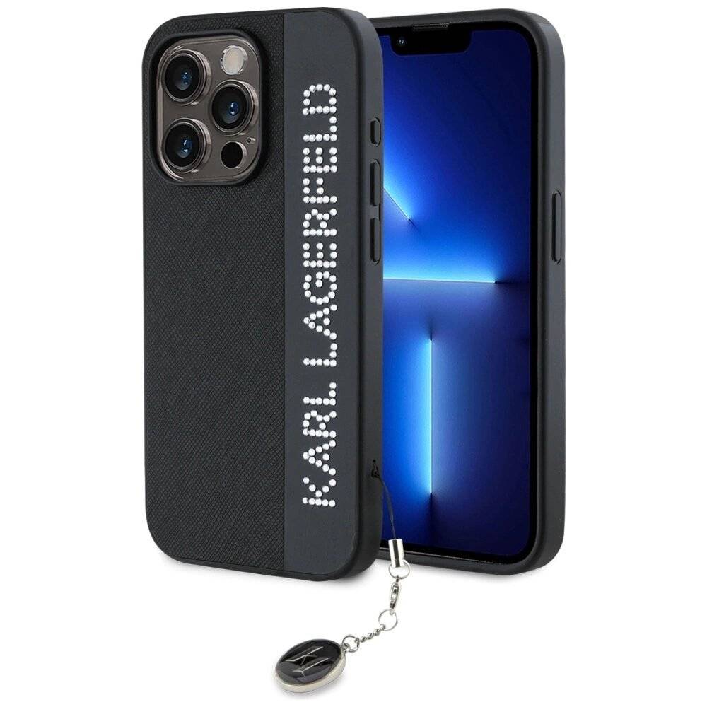 Karl Lagerfeld Saffiano Rhinestones & Charm Hülle iPhone 15 Pro – Schwarz