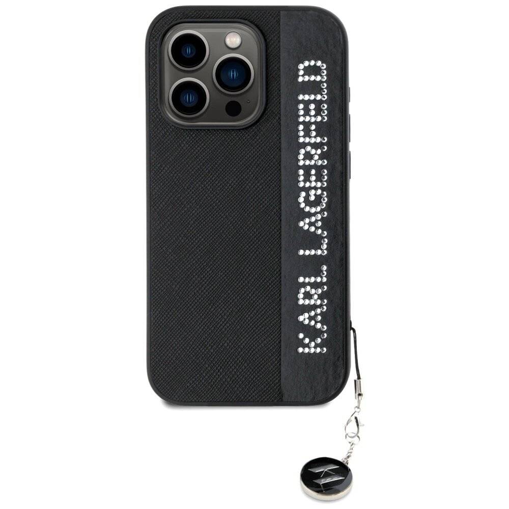 Karl Lagerfeld Saffiano Rhinestones & Charm Hülle iPhone 15 Pro – Schwarz