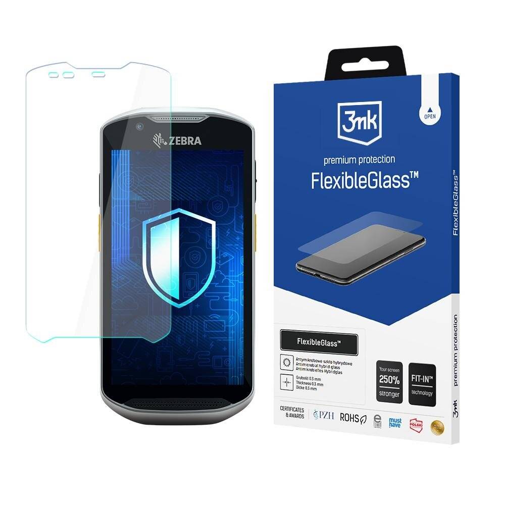 Ein Smartphone, das ein Schildsymbol anzeigt, zusammen mit einer Verpackung für „3mk FlexibleGlass