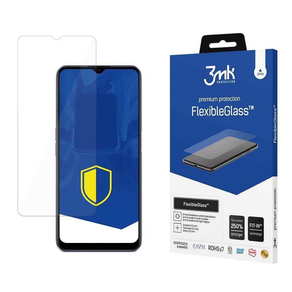 Smartphone mit einem Schildsymbol auf dem Bildschirm, neben der Verpackung des „3mk FlexibleGlass