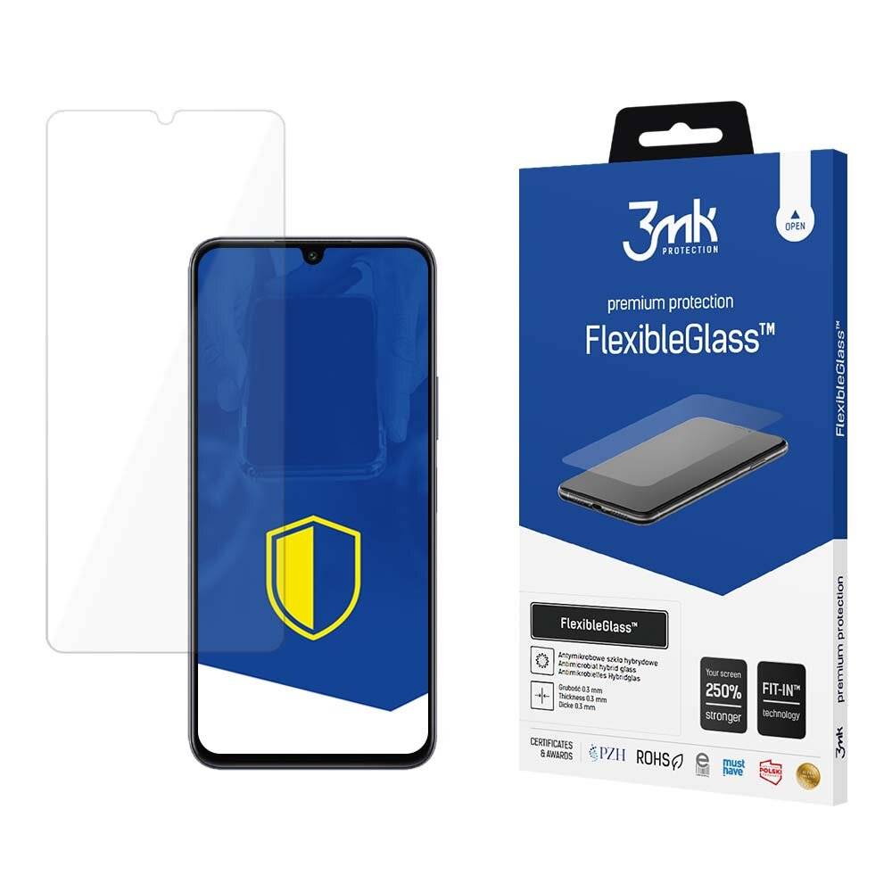 Ein Smartphone-Bildschirm mit einem transparenten Schutzglas neben einer Verpackung mit der Aufschrift "FlexibleGlass"" von 3mk, die Premium-Schutz bietet.