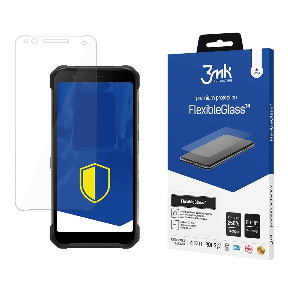 Ein Smartphone mit einer flexiblen Glasschutzfolie neben seiner Verpackung. Auf der Box steht „FlexibleGlass