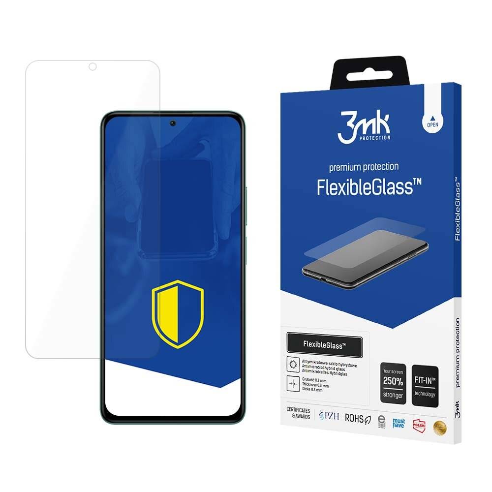 FlexibleGlass' Displayschutzfolie-Verpackung und ein Smartphone mit einem Schildsymbol, das Geräteschutz und Haltbarkeit anzeigt.