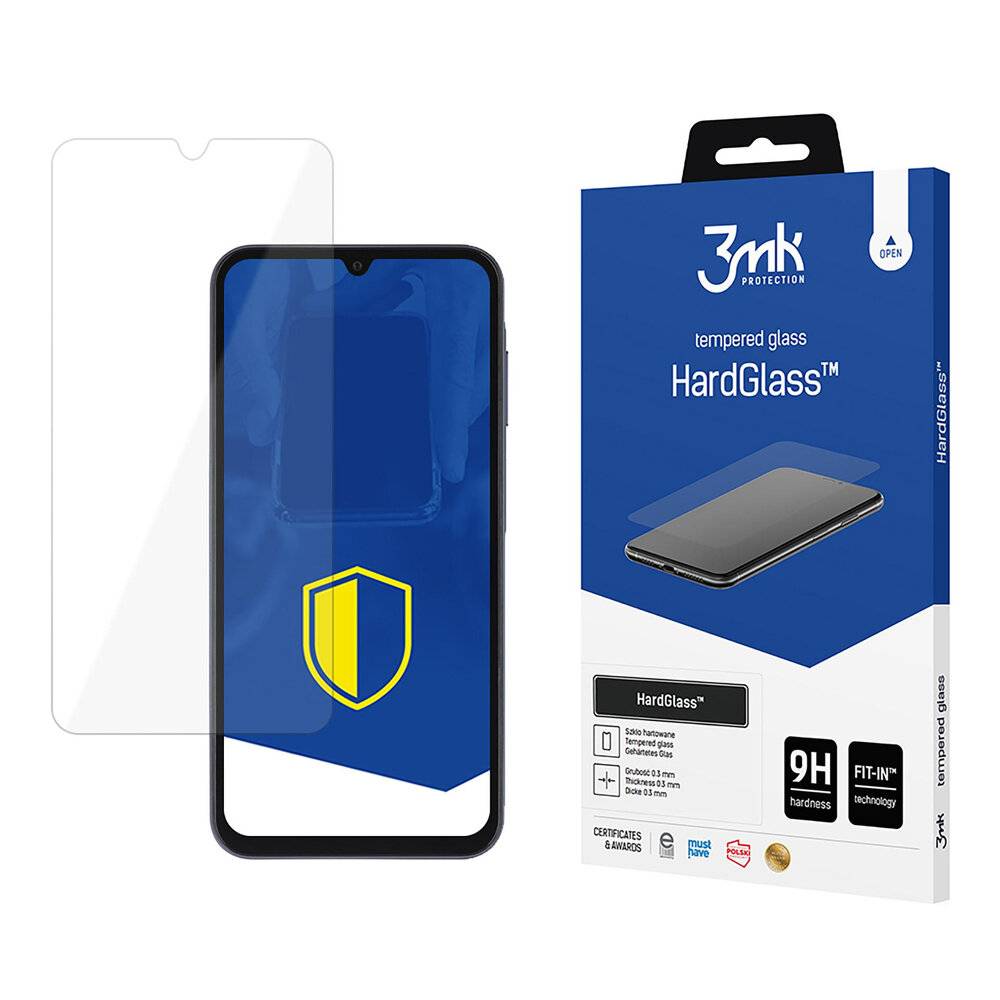 Smartphone mit einem Schutzbildschirm, der ein Schild-Symbol anzeigt, das Sicherheit symbolisiert. Daneben Verpackung für '3mk HardGlass' Hartglas.