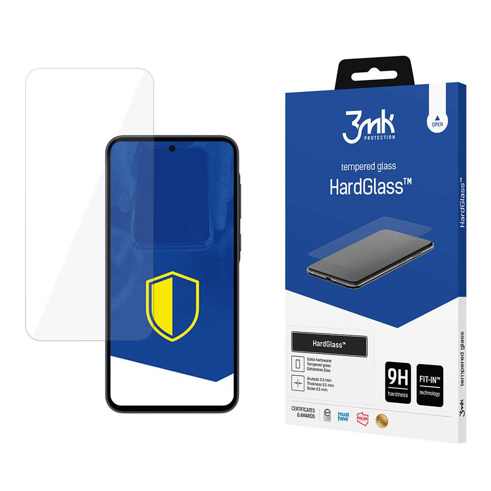 3mk Protection HardGlass' Displayschutzfolie Verpackung neben einem Smartphone, das ein Schild-Symbol anzeigt.