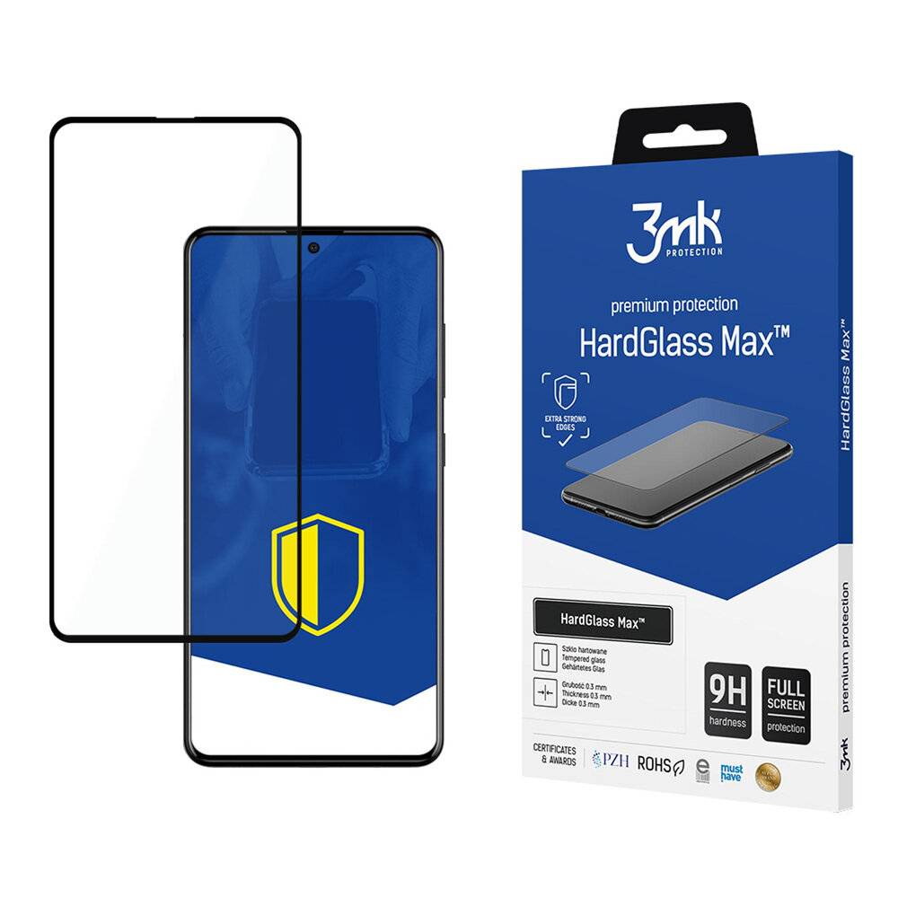 Smartphone mit Displayschutz, mit Schildsymbol, neben einer blauen Box mit der Aufschrift „3mk HardGlass Max