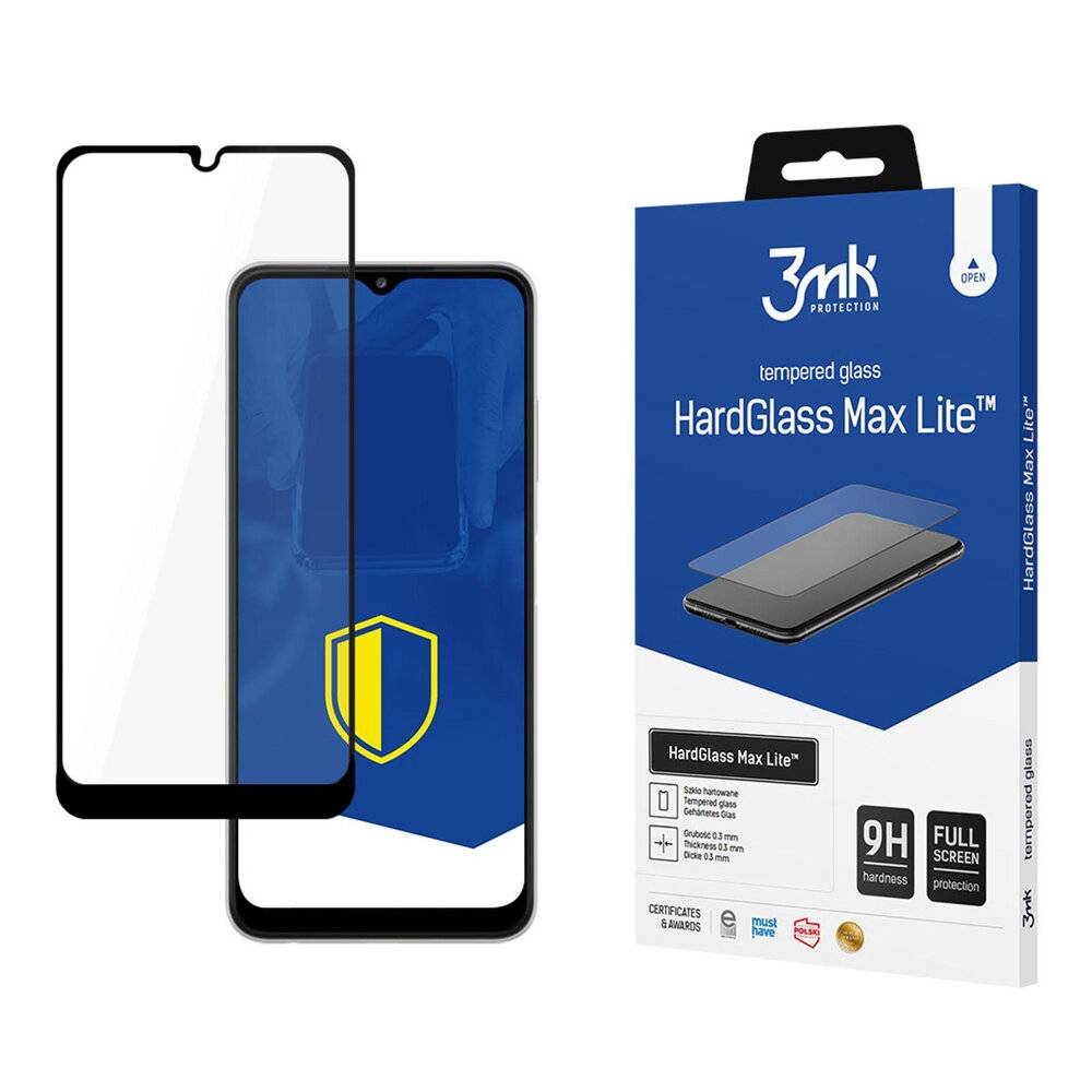 3mk HardGlass Max Lite' Displayschutz aus gehärtetem Glas auf der Verpackung und das Produkt neben einem Smartphone gezeigt. Die Verpackung zeigt '9H Full Screen'.