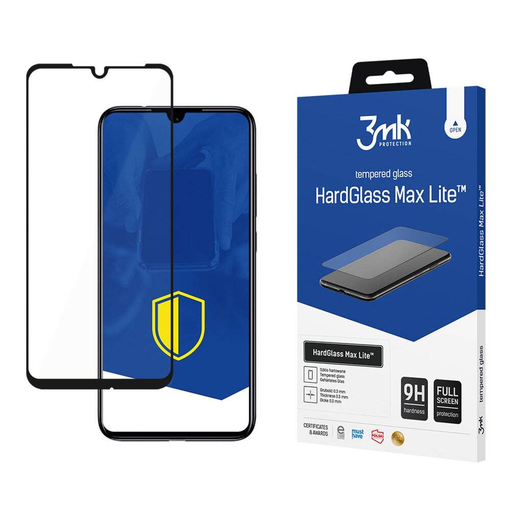 Verpackung und Displayschutzfolie des '3mk Protectors HardGlass Max Lite', die starke Haltbarkeit, vollständige Displayabdeckung und Schutzfunktionen zeigen.