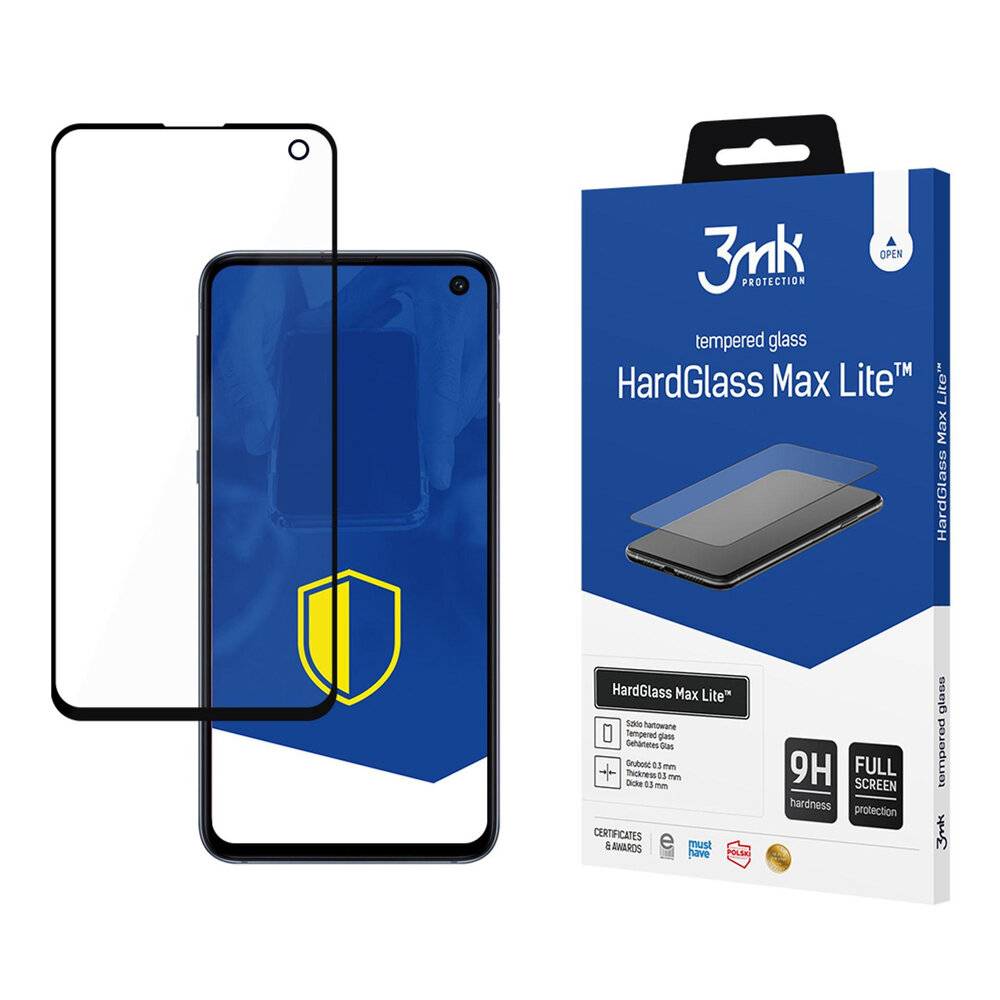 3mk HardGlass Max Lite' Hartglasscreen-Schutzfolie mit Verpackung und ein Smartphone, das auf seinem Bildschirm ein Schutzschild-Symbol anzeigt.